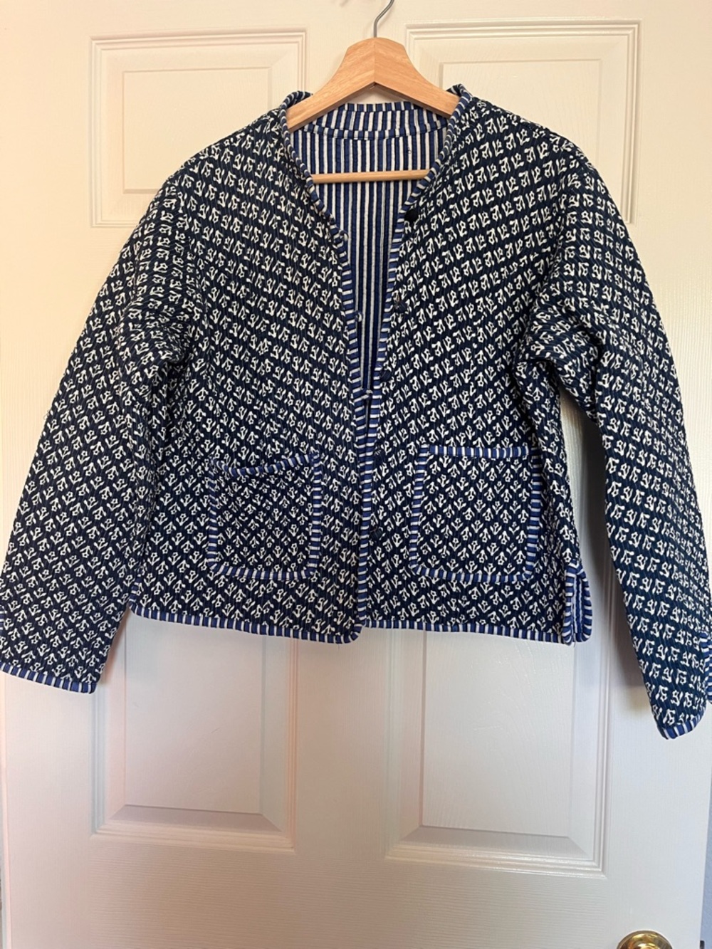 Woven Navy & White Quilted Jacket, Reversible!